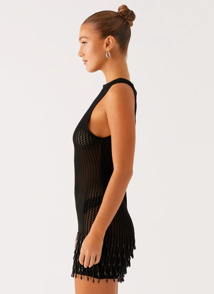 Miracle Beaded Crochet Mini Dress Black