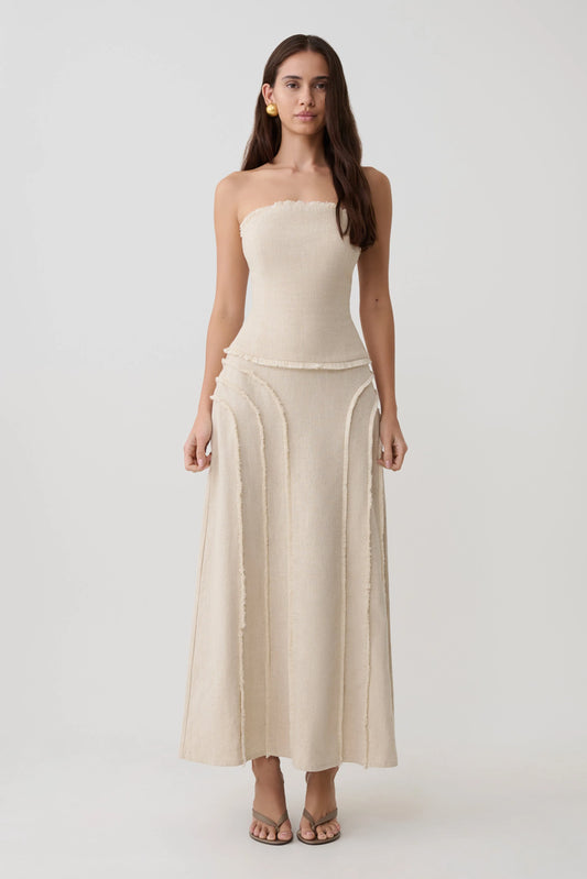 Annie Linen Frayed Midi Skirt Natural