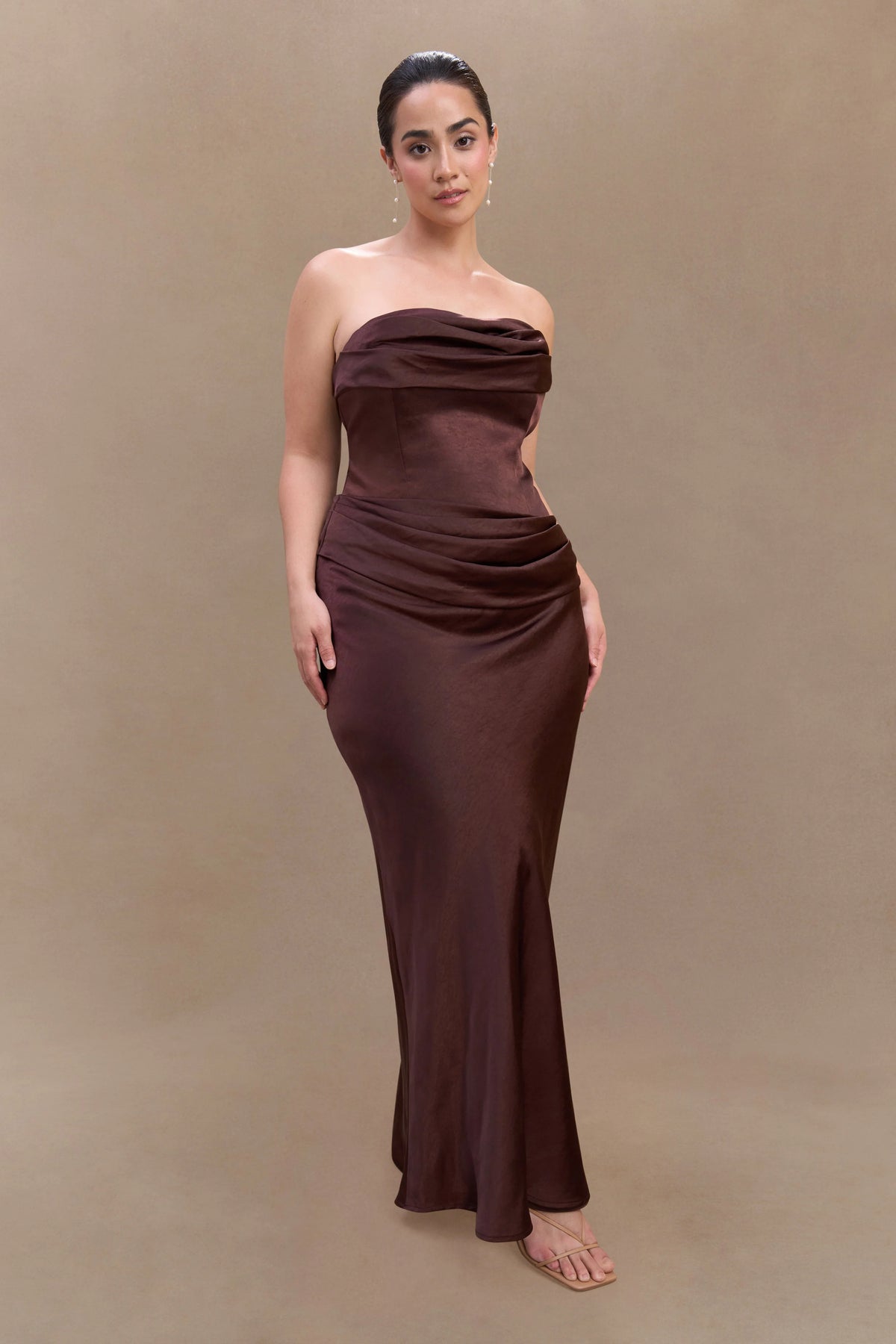 Jasmine Strapless Satin Maxi Dress Dark Chocolate