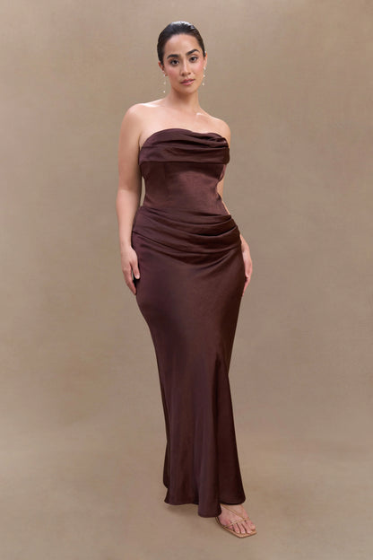 Jasmine Strapless Satin Maxi Dress Dark Chocolate