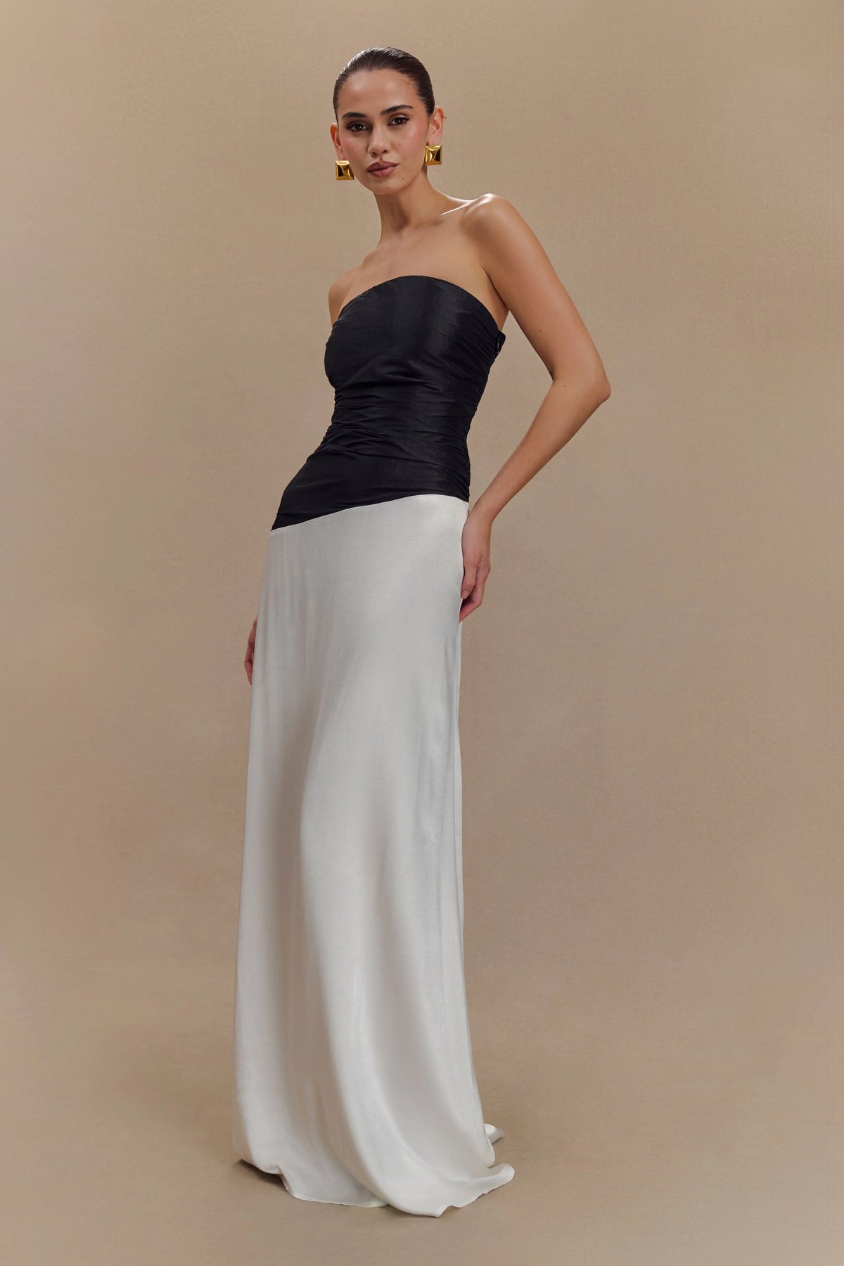 Serena Strapless Taffeta Maxi Dress White Black