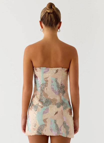 Leena Strapless Beaded Mini Dress Swirl Sequin