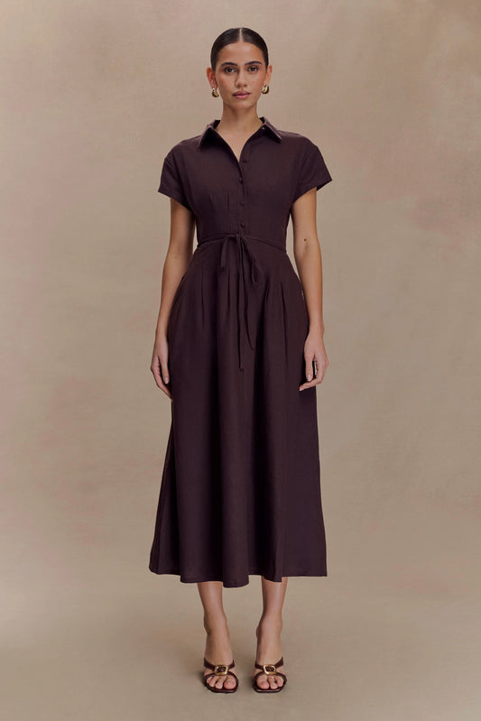 Aysha Buttoned Linen Midi Dress Chocolate
