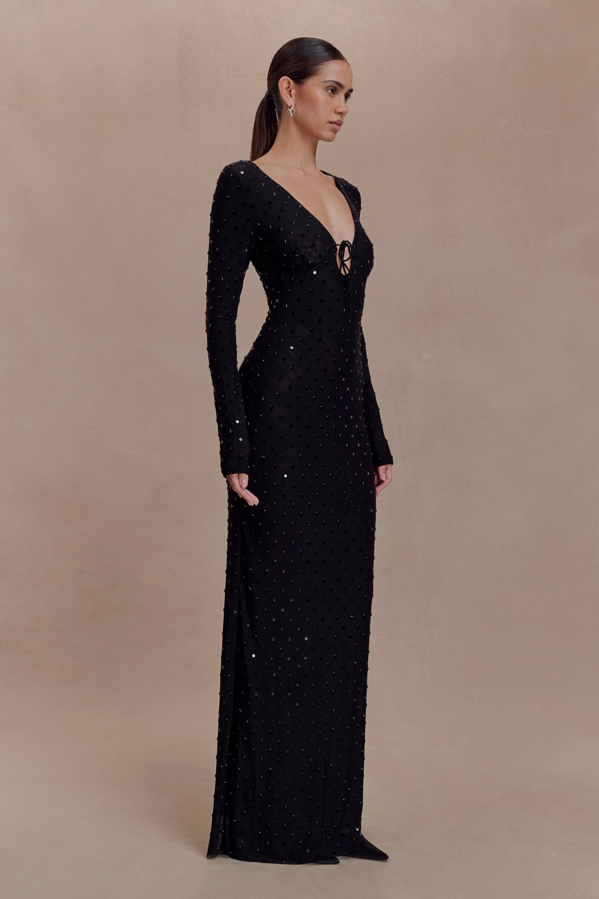 Acadia Diamante Long Sleeve Maxi Dress Black