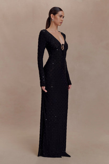 Acadia Diamante Long Sleeve Maxi Dress Black