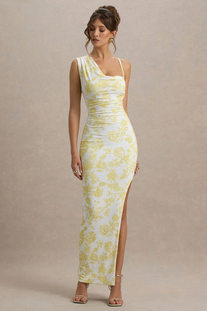 Sitara Lemon Porcelain Print Cowl Neck Maxi Dress With Asymmetric Skirt