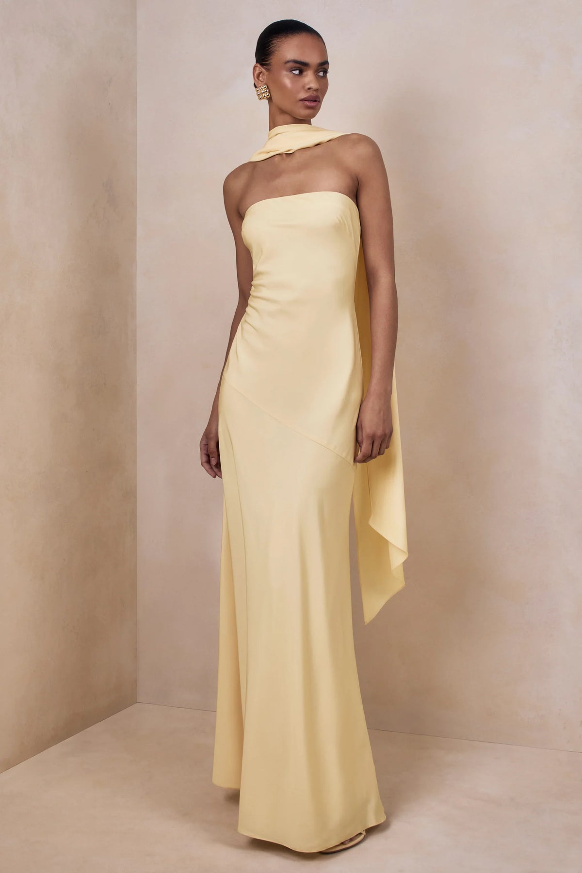 Charly Lemon Matte Satin Bandeau Maxi Dress With Scarf Detail