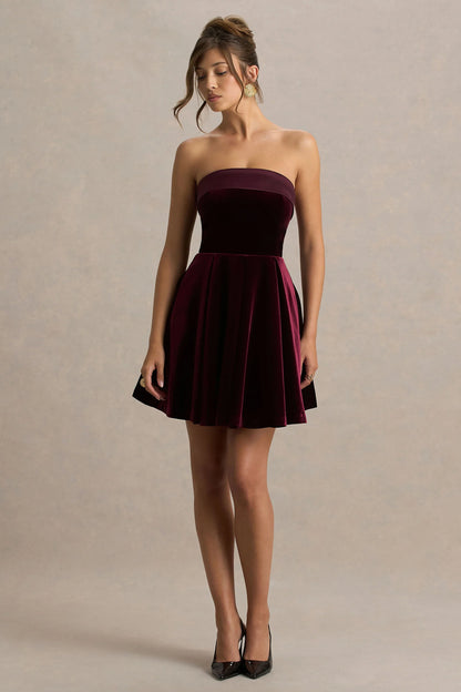 Mina Burgundy Velvet And Satin Bandeau Skater Mini Dress
