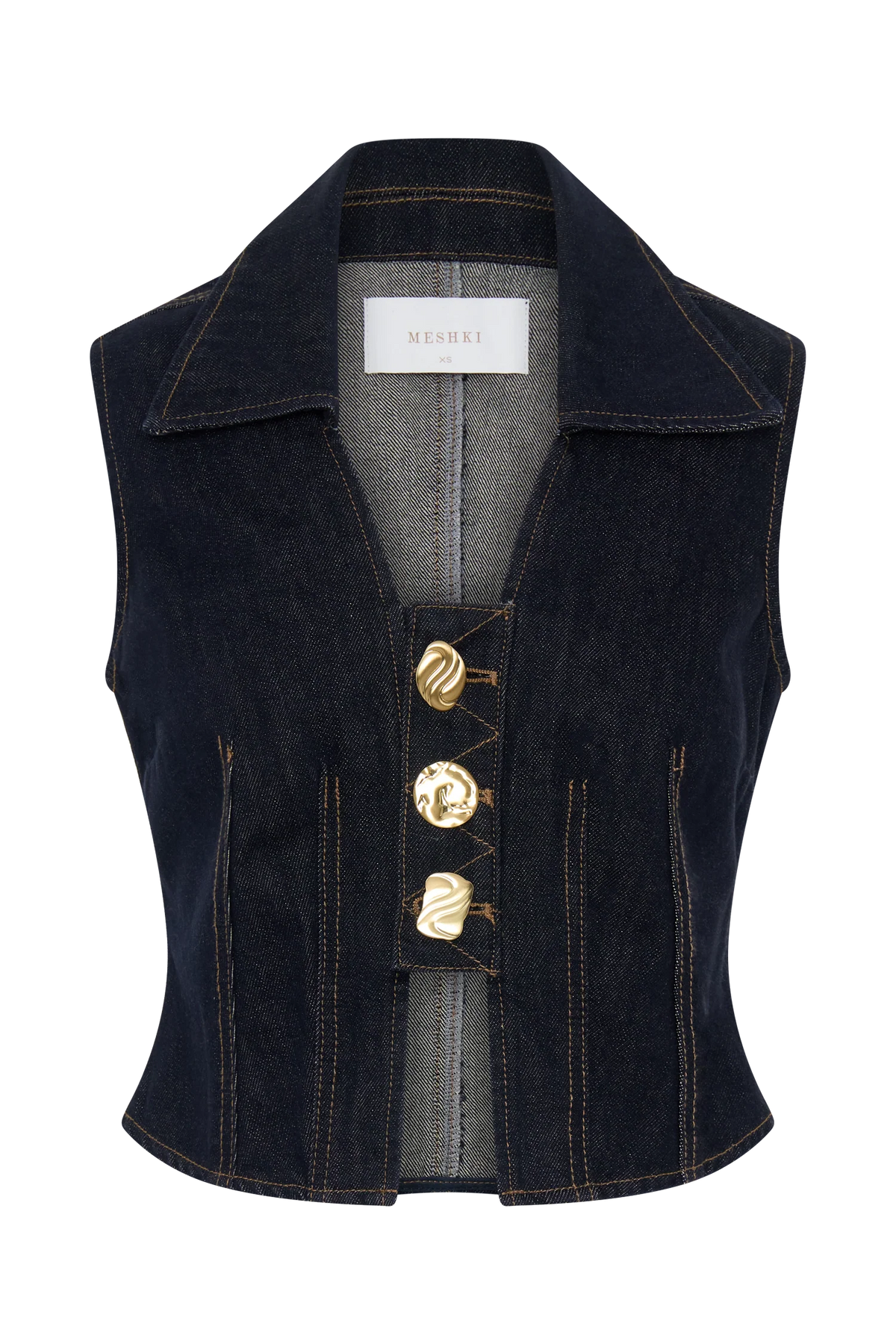 Shona Denim Vest With Decorative Buttons Washed Indigo Blue