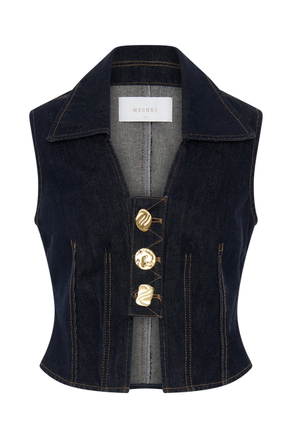Shona Denim Vest With Decorative Buttons Washed Indigo Blue