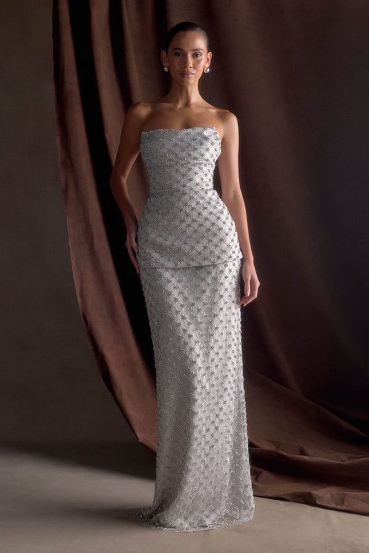Zuri Hand Beaded Embellished Maxi Skirt Silver