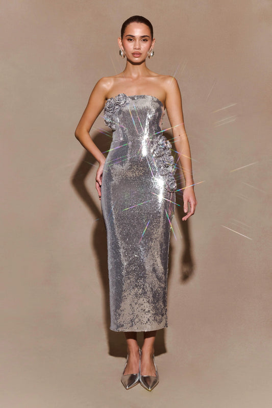Cassia Strapless Sequin Rose Midi Dress Silver