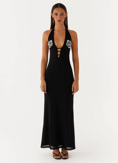 Polina Beaded Halterneck Maxi Dress Black