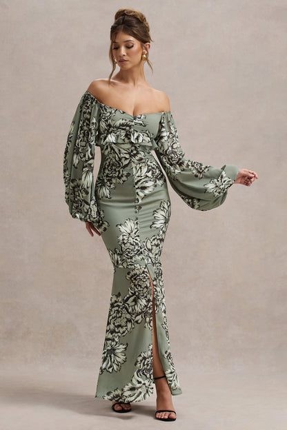 Murcia Olive Floral Print Chiffon Puff Sleeve Button Maxi Dress