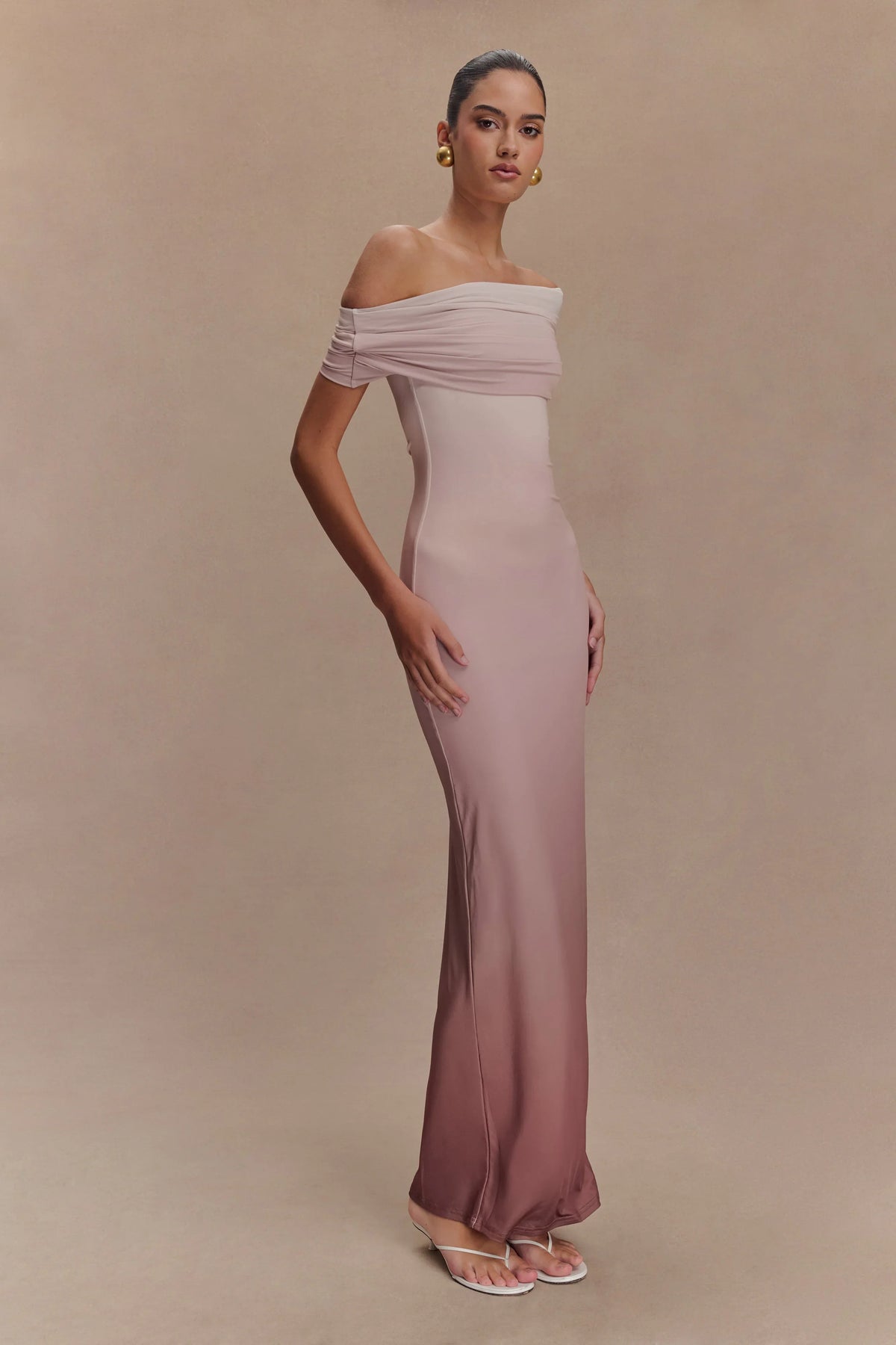 Cassandra Off Shoulder Slinky Maxi Dress Neutral Ombre