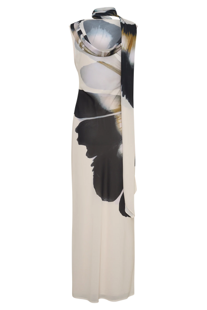 Dakota Chiffon Maxi Dress With Scarf Ivory Oversized Floral Print