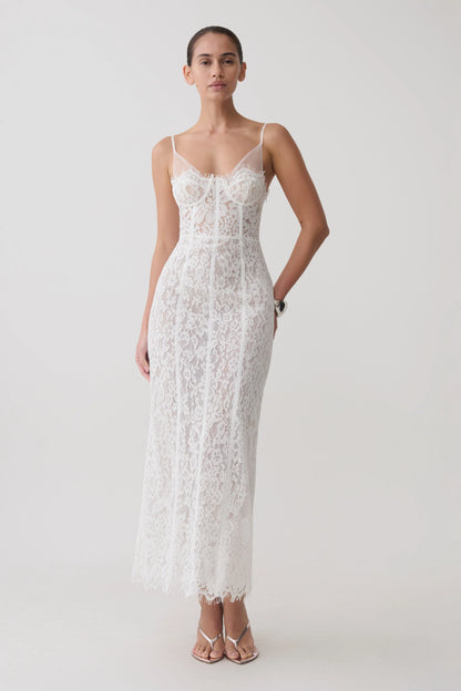 Ottilie Lace And Mesh Midi Dress White