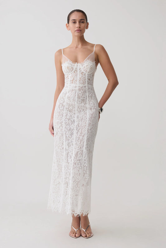 Ottilie Lace And Mesh Midi Dress White