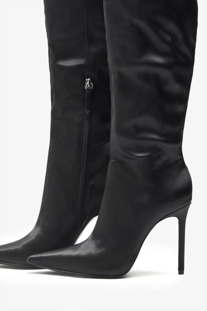 Soho Black Satin Pointed Heeled Boots With Feather Trims