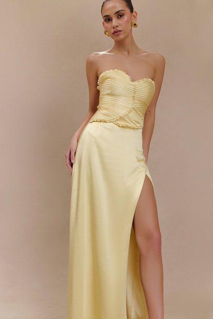 Larissa Satin Maxi Dress With Ruched Petals Lemon