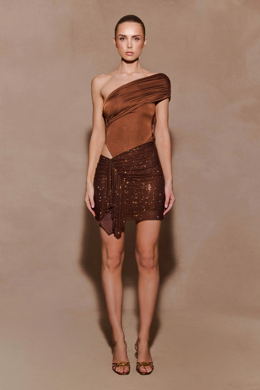Paisley Slinky And Diamante Mini Dress Chocolate
