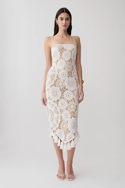 Delta Crochet Halter Midi Dress White