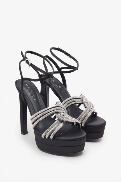 Doll Drama Black Satin Diamante Strappy Platform Heels