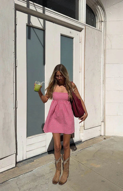Berrie Red Gingham Strapless Mini Dress