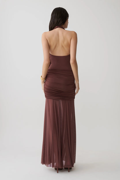 Jorja Draped Halter Slinky Maxi Dress Chocolate