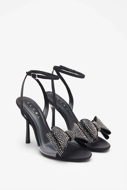 Bowing Black Satin Heeled Sandals With Diamante Bows