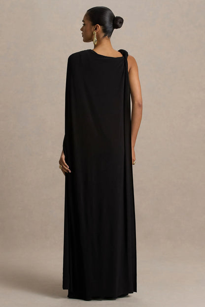 Cressida Black Asymmetric Neck Maxi Dress With Cape And Gold Detail