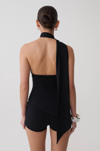 Jemma One Shoulder Tie Top Black