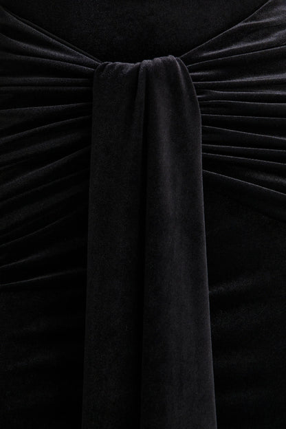Idalina Black Velvet High Neck Maxi Dress With Gathered Detailing