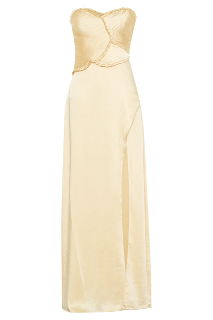 Larissa Satin Maxi Dress With Ruched Petals Lemon