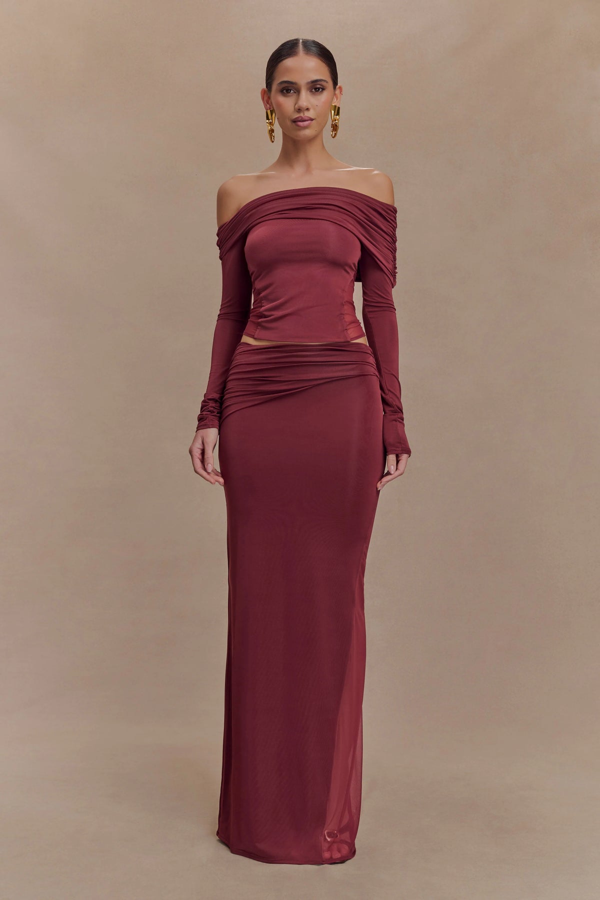 Judy Slinky And Mesh Off Shoulder Top Wine