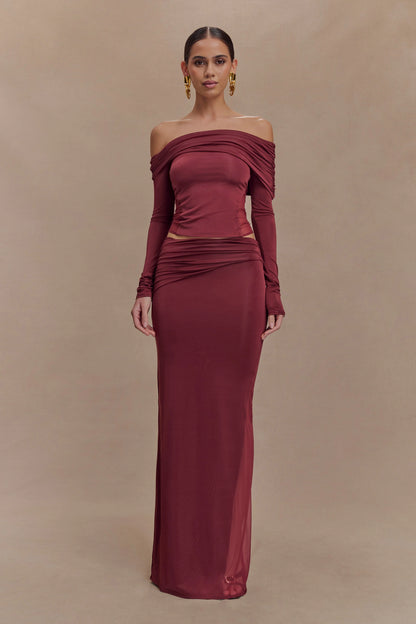 Judy Slinky And Mesh Off Shoulder Top Wine