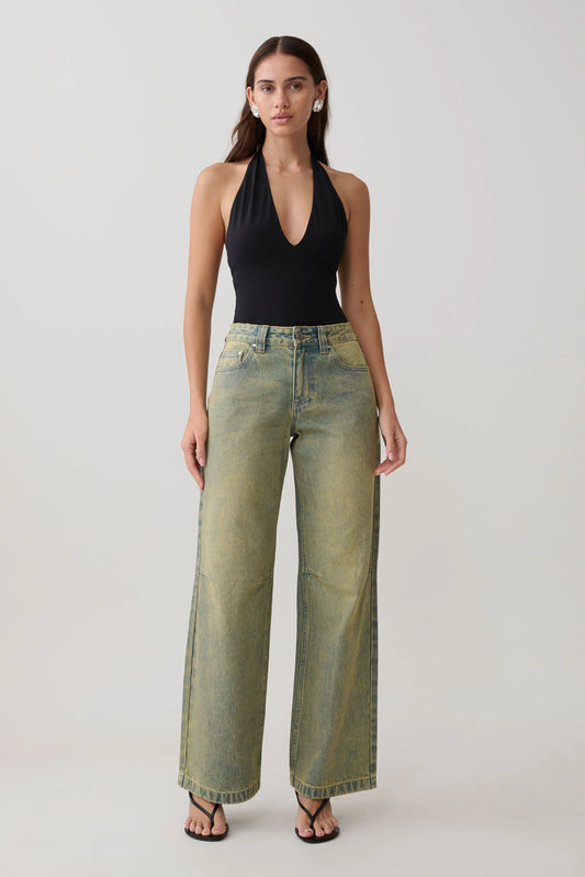Joey Mid Rise Wide Leg Jeans Green Wash