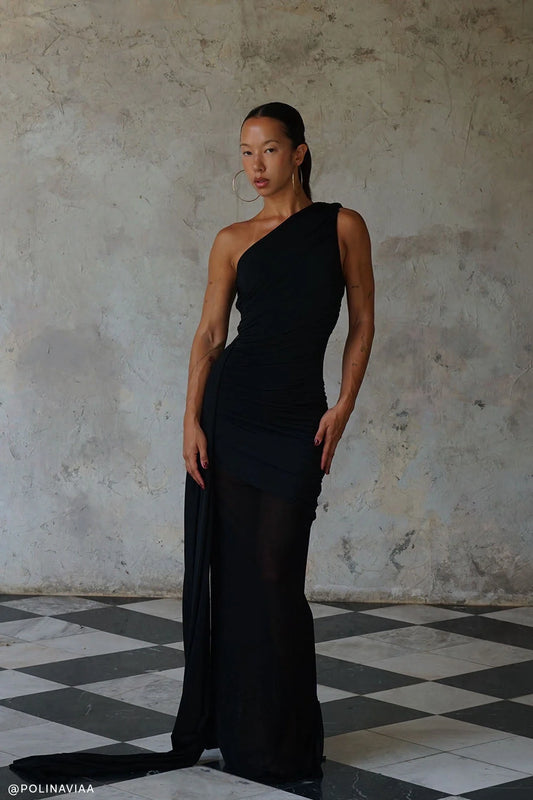 Asher Slinky One Shoulder Maxi Dress Black
