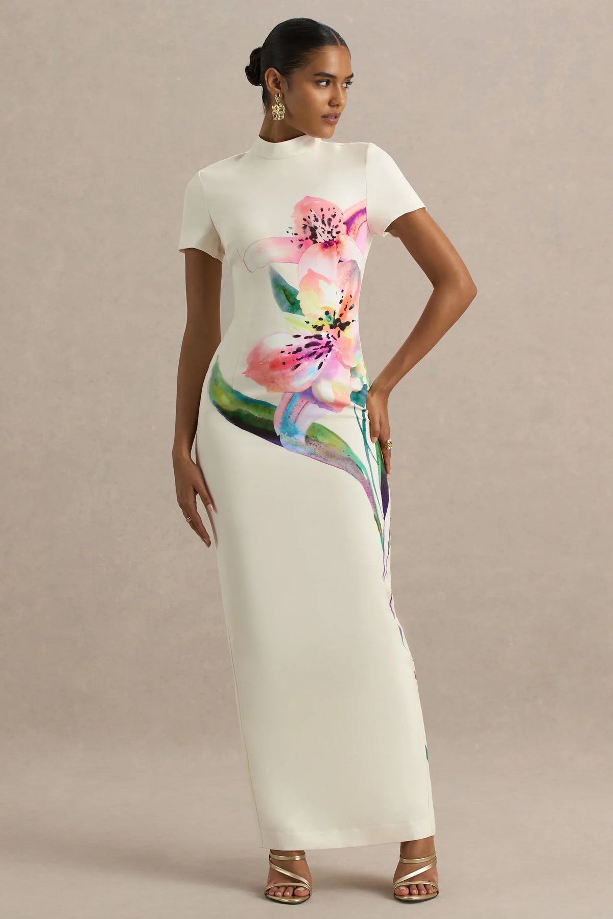 Hessie White Lily Print High Neck Maxi Dress