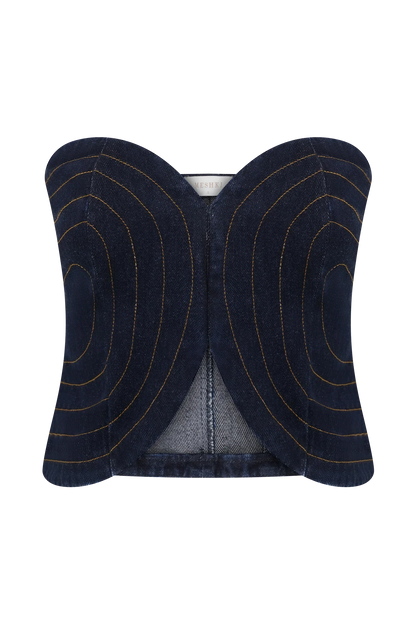 Tully Strapless Topstitch Denim Top Indigo Blue