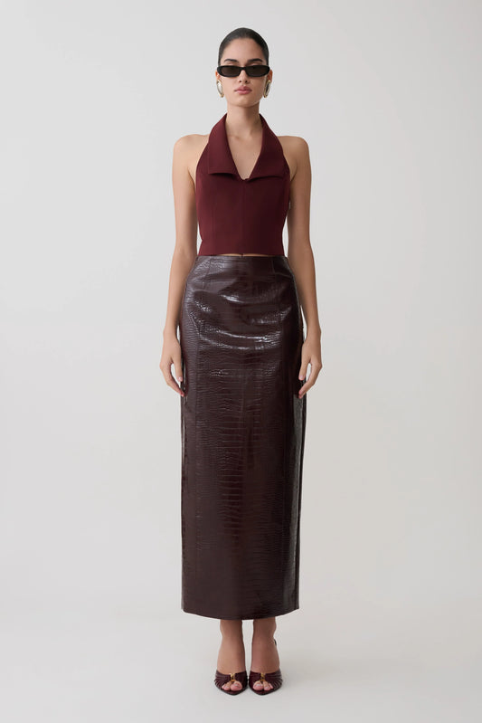 Thalia Croc Faux Leather Midi Skirt Merlot