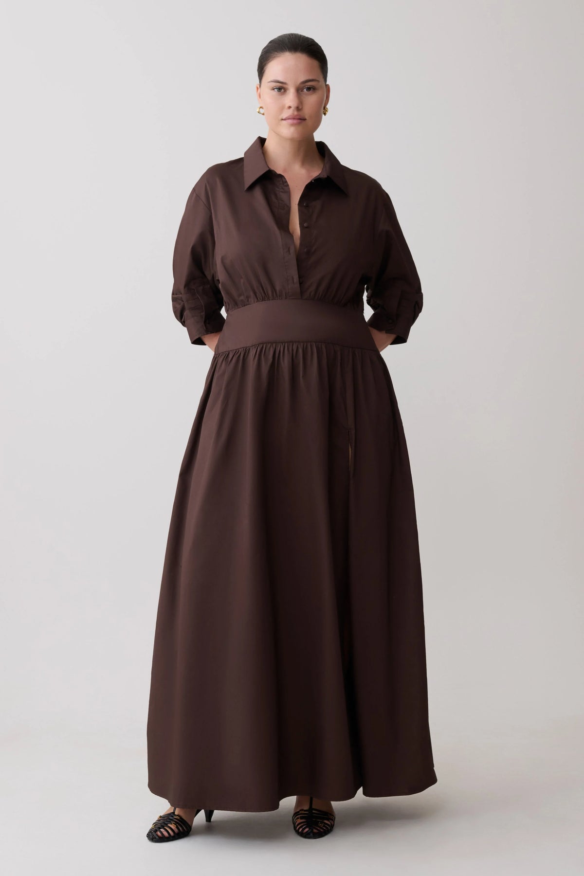 Isolde Long Sleeve Cotton Maxi Dress Dark Chocolate