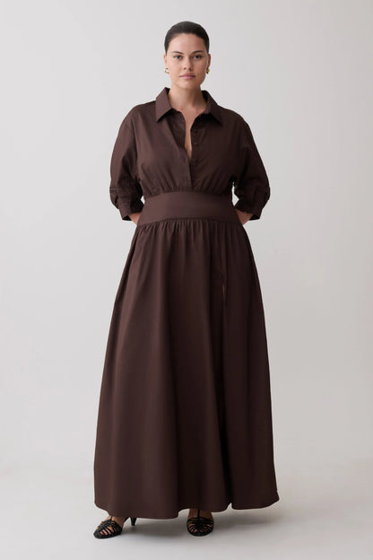 Isolde Long Sleeve Cotton Maxi Dress Dark Chocolate