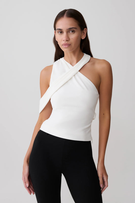 Sable Crossover Crepe Halter Top White