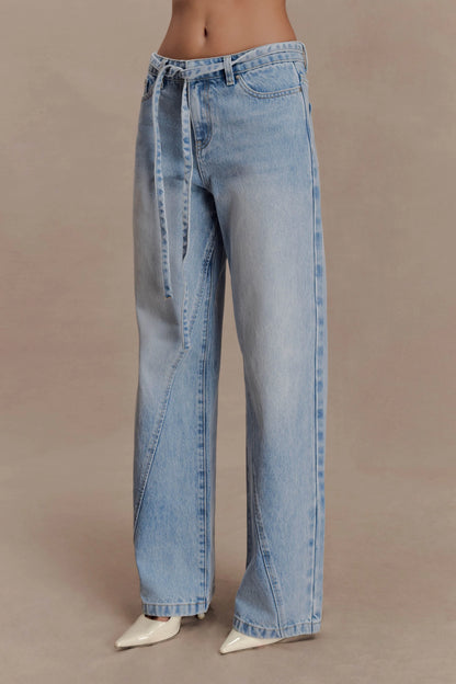 Perrie Mid Rise Straight Leg Tie Jeans Washed Light Blue