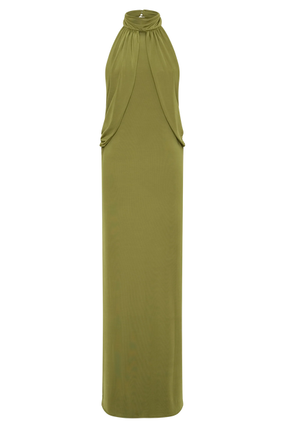 Joan Halter Neck Slinky Maxi Dress Martini Olive
