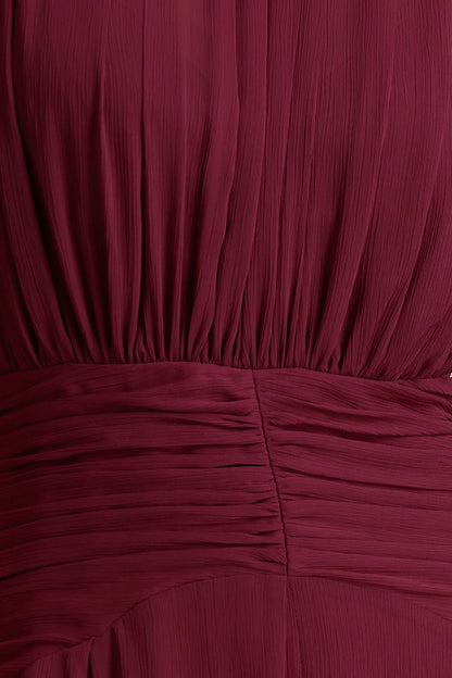 Melanina Burgundy High Neck Maxi Dress With Ruched Detailing