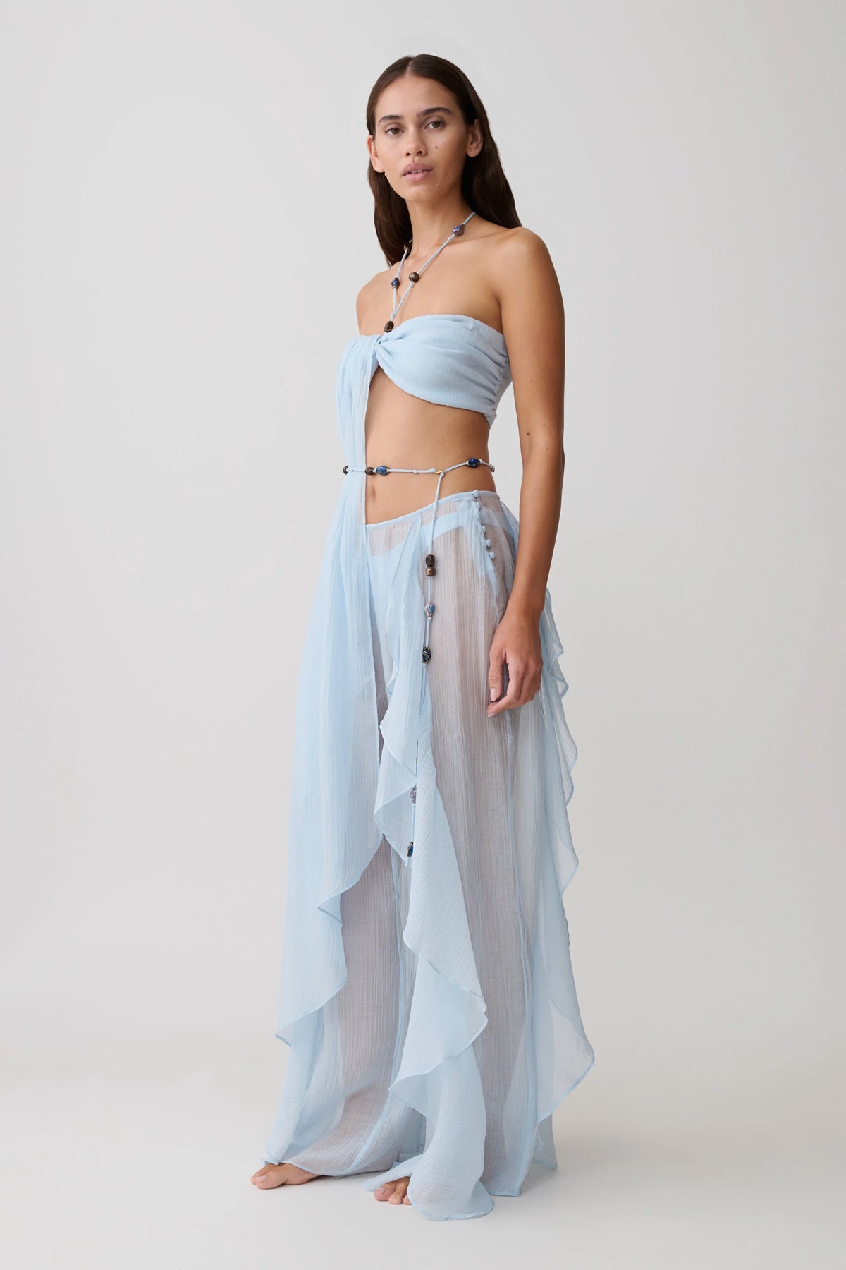 Kai Beaded Draped Scarf Top Pale Blue