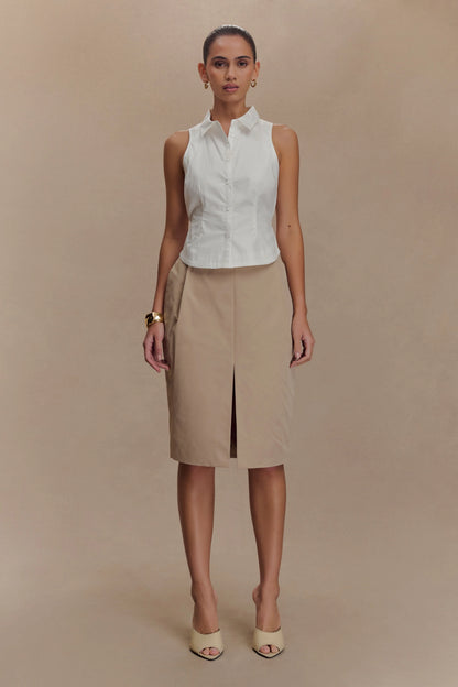 Vera Twill Split Front Midi Skirt Camel