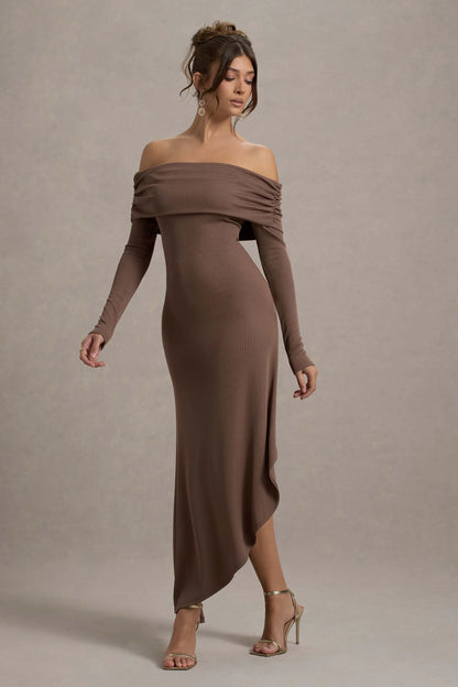 Romina Mocha Rib Knit Bardot Maxi Dress With Asymmetric Hem